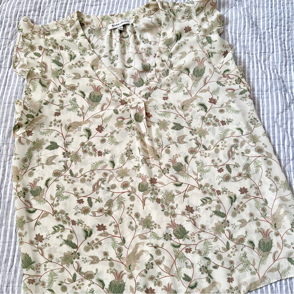 Rose & Olive Cream Botanical Floral Top - S Small - Boho Ruffle Romantic - Picture 3 of 15